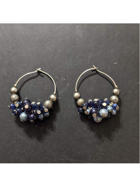 Silver Tone Blue Beaded Hoop Statement Earrings